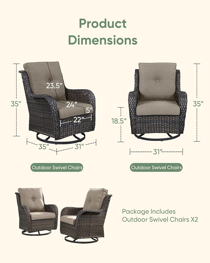 HUMMUH Outdoor Swivel Rocker Wicker Patio Chairs Set of 2, Rattan Rocking Chair Furniture Set(Brown,Grey)