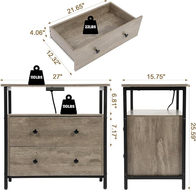 Edbuosy 27 inch Wide Night Stand with Charging Station, Bedside Table with Open Shelf, 2 Drawers Small Wood Dresser, Modern Wood Nightstand for Bedroom/Living Room (Rustic Gray) - Image 2