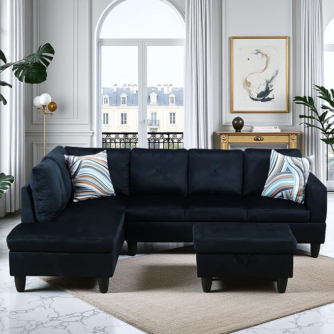Sectional Couches for Living Room Furniture Sets, 4 Seat L Shaped Couches with Ottoman, Modular Sectional Sofa for Apartment Furniture Sets, Dark Blue