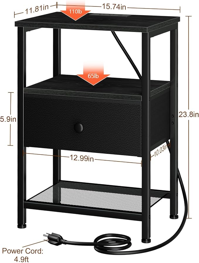 LOAKEKEL Night Stand with Charging Station, Small Bedside Table with Fabric Drawer, Nightstand with USB Ports & Outlets for Bedroom, Black, HETS010BK-1 - Image 6