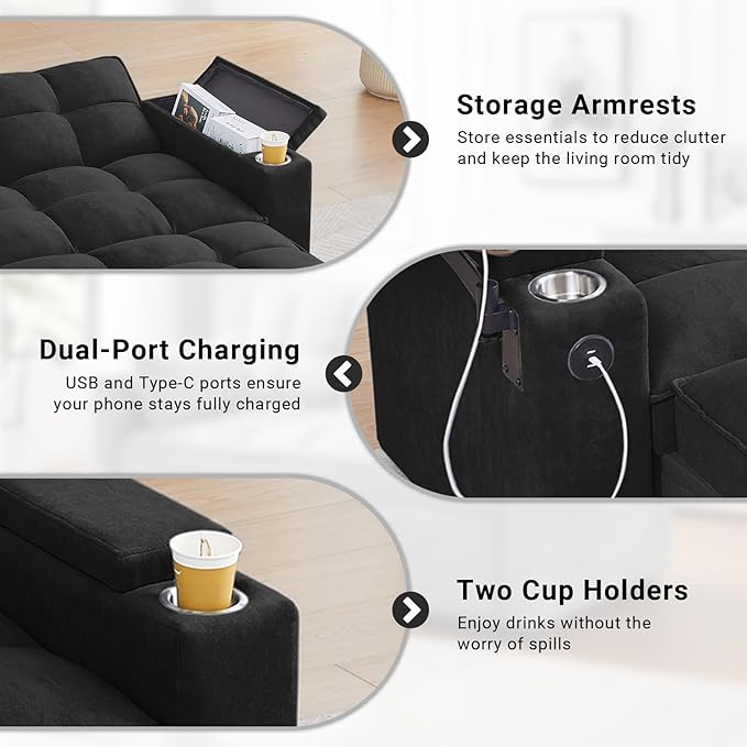 3 in 1 Sofa Bed, 65 Inches Convertible Loveseat Sleeper with Side Table, Pull Out Couch with 3 Level Adjustable Backrest, Chaise Lounge with USB and Type-C Ports for Living Room, Jet Black
