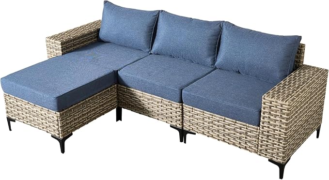 Patio Furniture Set, 4 Pieces Outdoor Wicker Conversation Sets with Coffee Table Outdoor Sectional Sofa for Balcony Backyard Poolside Garden Lawn (Blue)
