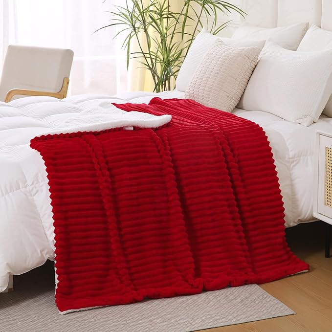 Red Sherpa Fleece Throw Blanket 60”×80” for Couch Sofa Bed,Double Side Soft Fuzzy Cozy Plush Thick Flannel Blanket with Striped Design,Gift for Adults,Woman,Girls