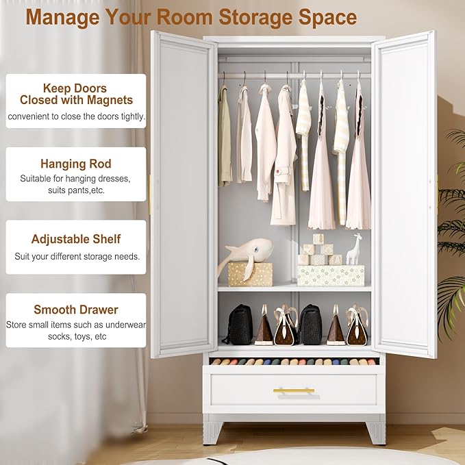 Metal Armoire Wardrobe Closet Storage Cabinet with Mirror White, 71'' Wardrobe Cabinet with Hanging Rod Metal Closet with Adjustable Shelf and Drawer for Bedroom, Laundry Room, Cloak Room
