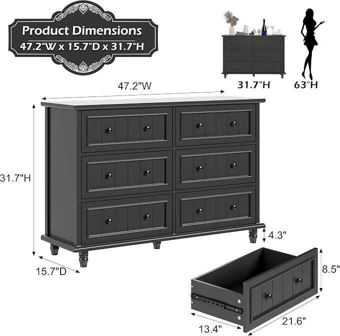Scurrty 6 Drawer Dresser, Antique Chest of Drawers, Large Cabinet with Storage, Big Dresser for Clothes in Living Room, Bedroom (Black) - Image 2