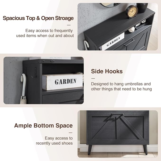 Barnyatoh Shoe Storage Cabinet, Farmhouse Shoe Organizer with 2 Flip Drawers & Barn Door,Freestanding Hidden Slim Narrow Shoe Rack Cabinet with Open Storage for Entryway, Foyer, Black - Image 7