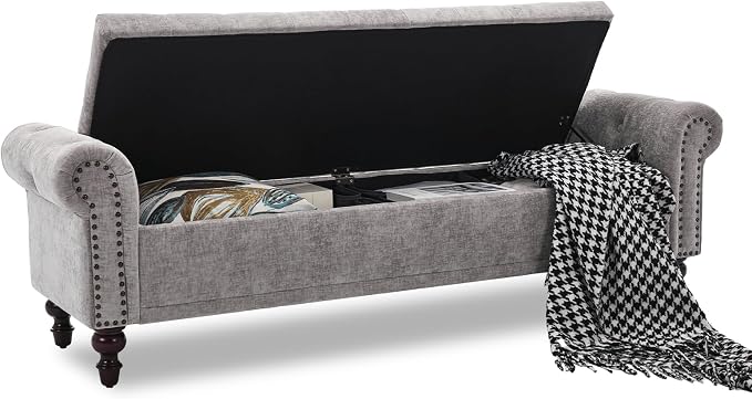 SOFTHION Storage Bench for Bedroom, 67" End of Bed Bench King Size, Upholstered Chenille Storage Ottoman with Tufted Cushioned Rolled Arm Large Storage Space for Living Room Entryway, Light Grey - Image 3