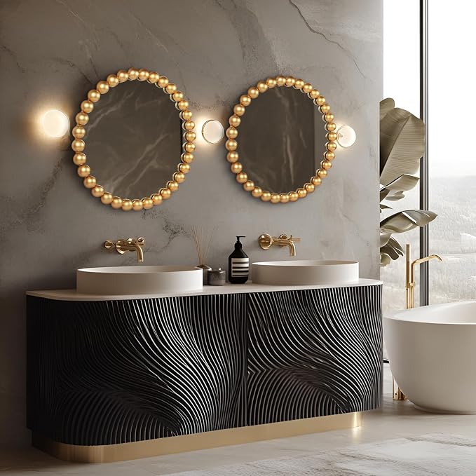 24 Inch Round Gold Wall Mirror Decorative Wall Mounted Mirror with Wood Beads – Decorative Circle Beaded Mirror for Bathroom, Living Room, Entryway, Bedroom, and Modern Farmhouse Wall Decor (Gold) - Image 2