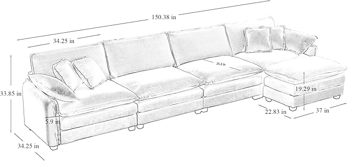 KEIKI 150" L-Shaped Oversized Corduroy Modular Sectional Sofa with 1 Ottoman, High-Density Foam Cushions, Removable Armrests, Upholstered 4-Seater Corner Couch with 6 Pillow, for Living Room, Tan