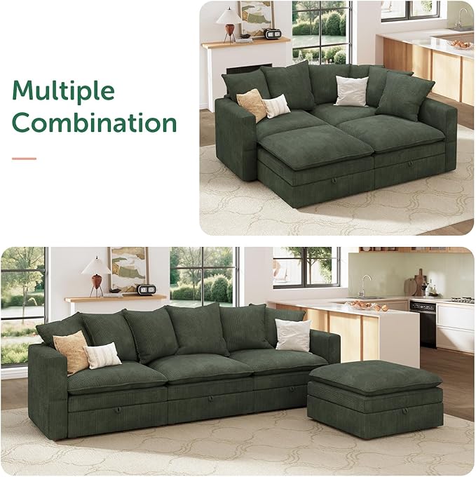 HONBAY Modular Sectional Sofa, 105.5 Inch Corduroy Sectional Couch, 4 Seaters L Shaped Sofa with Storage & Pillows for Living Room, Green
