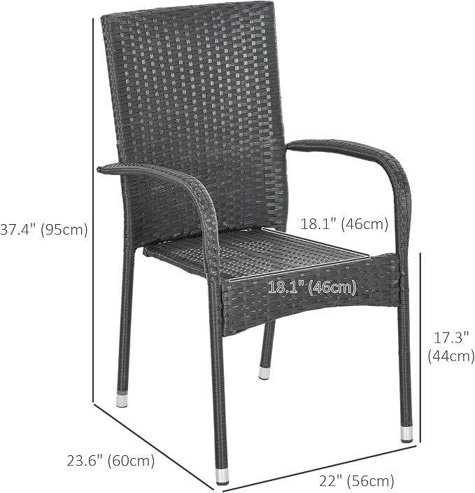 Outsunny Stackable PE Rattan Outdoor Dining Chairs with Cushions, Set of 2 Wicker Kitchen Chairs with Armrests and Backrest for Patio, Deck, Cream White - Image 3