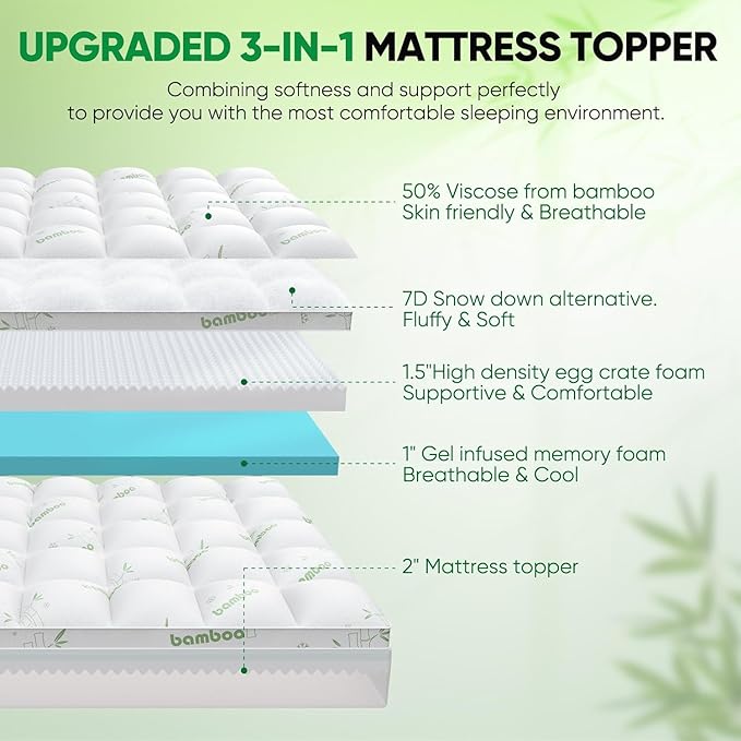 King Mattress Topper, 3 in 1 Memory Foam Mattress Topper for Back Pain, 2" Fluffy Cooling Mattress Toppers King Breathable Viscose Made from Bamboo and 2.5" Dual Firmness Gel Memory Foam.