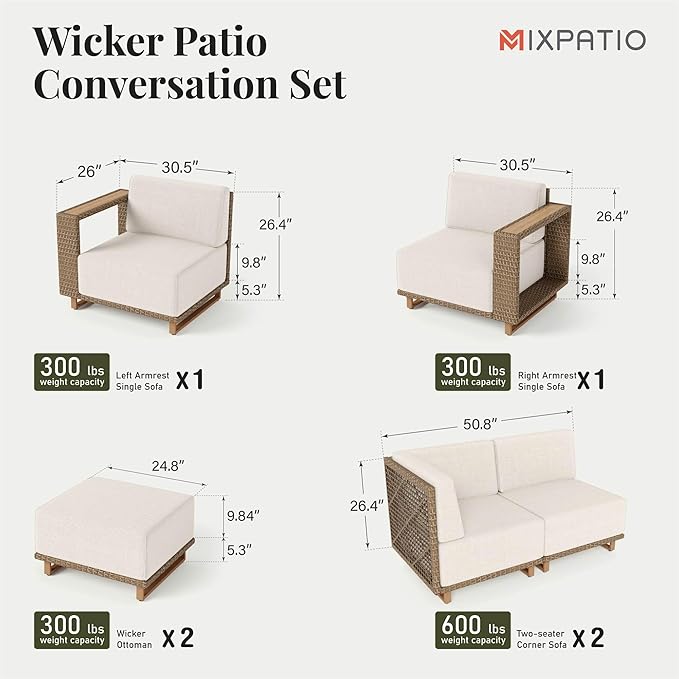 Outdoor Patio Furniture Set, 6 Piece Outdoor Rattan Wicker Sofa Patio Couch Set, Sectional Modular Outdoor Conversation Sets with 10" Extra Thick Cushions