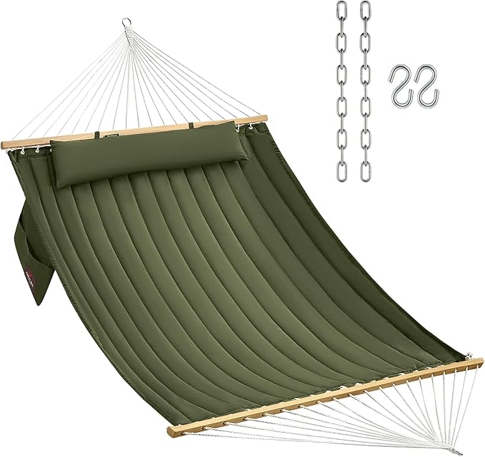 CHULIM Double Quilted Fabric Hammock with Hardwood Spreader Bars and Pillow 450 LBS Capacity 2 Person Large Hammock for Outdoor Patio Backyard Poolside - Green by CHULIM