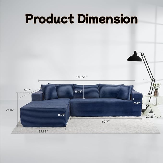 Cloud Sectional Couch, 105” Fluffy Modular L-Shape Sofa with Right Chaise Lounge, Modular Sectional Sofa in a Box, Boneless Couch for Living Room, No Assembly Required, Flannel Blue