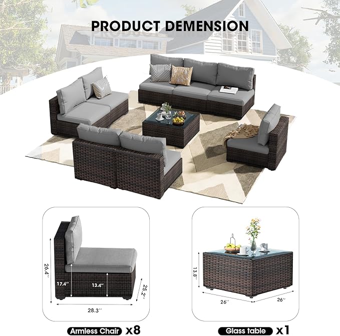 Patio Furniture Set 9 Piece All Weather PE Rattan Outdoor Sectional Sofa Couch with 8 x armless Sofa, No-Slip Cushions and Glass Top Table for Garden, Poolside, Backyard (Gray)