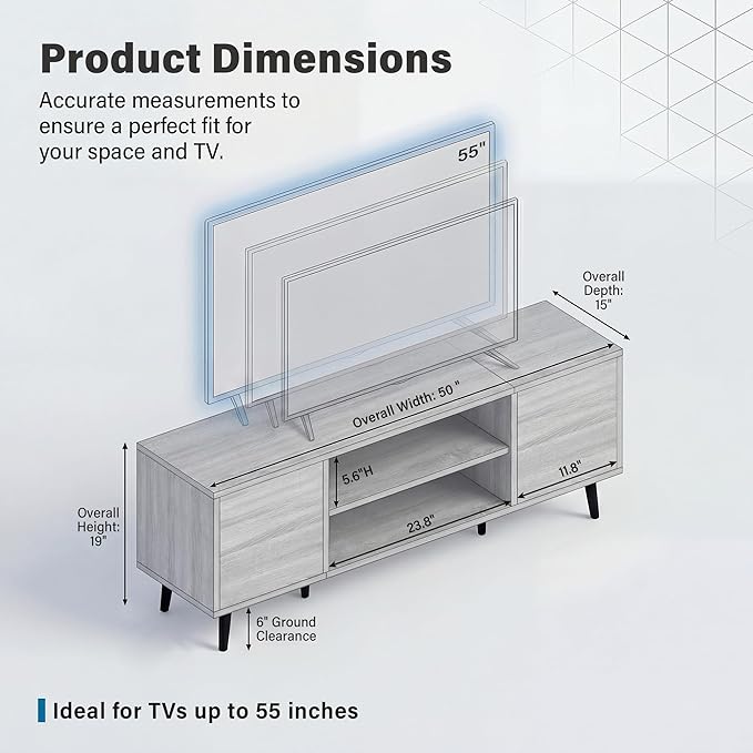 YESHOMY Mid-Century Modern TV Stand for 43-55 Inch TVs, 50 Inch Entertainment Center with Storage, Media Console with Push-to-Open Doors and Cable Management for Living Room, Bedroom (Light Gray) - Image 6