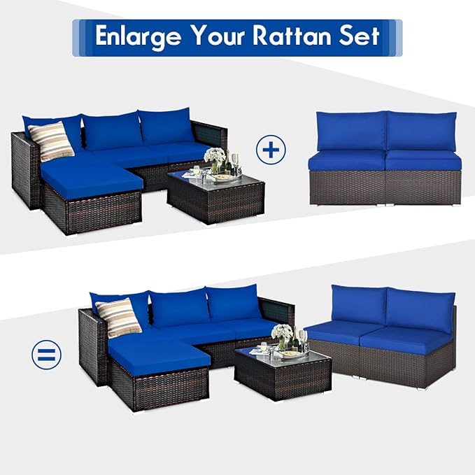 Tangkula 2 PCS Outdoor Wicker Armless Sofa, Patio Rattan Sectional Sofa Set w/2 Thick Seat Cushions and 2 Back Cushions, Additional Seats for Balcony Garden Patio Poolside (Navy Blue)