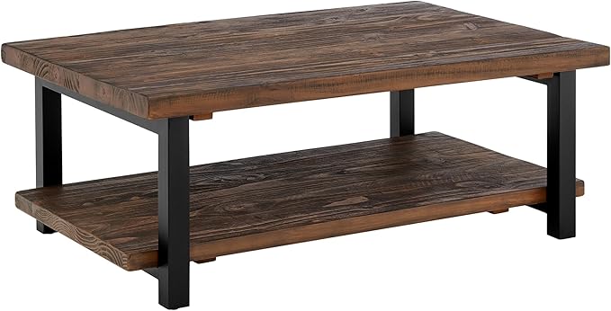 Alaterre Furniture Pomona Living Room Tables – 48 Inch Rectangular Solid Wood Coffee Table with Storage Shelf & Metal Legs – Rustic Industrial Farmhouse Large Living Room Table (Rustic Brown)
