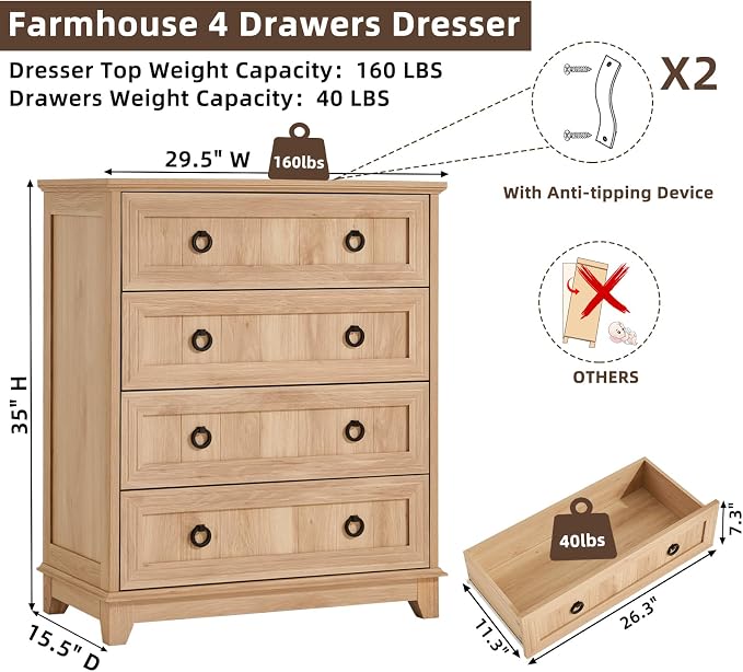 Joaxswe Farmhouse 4 Drawer Dresser for Bedroom, 35" Tall Small Dressers & Chest of Drawers, Rustic Wood Dresser with Metal Handle, Storage Organizer Closet for Living Room, Hallway, Entryway - Image 2