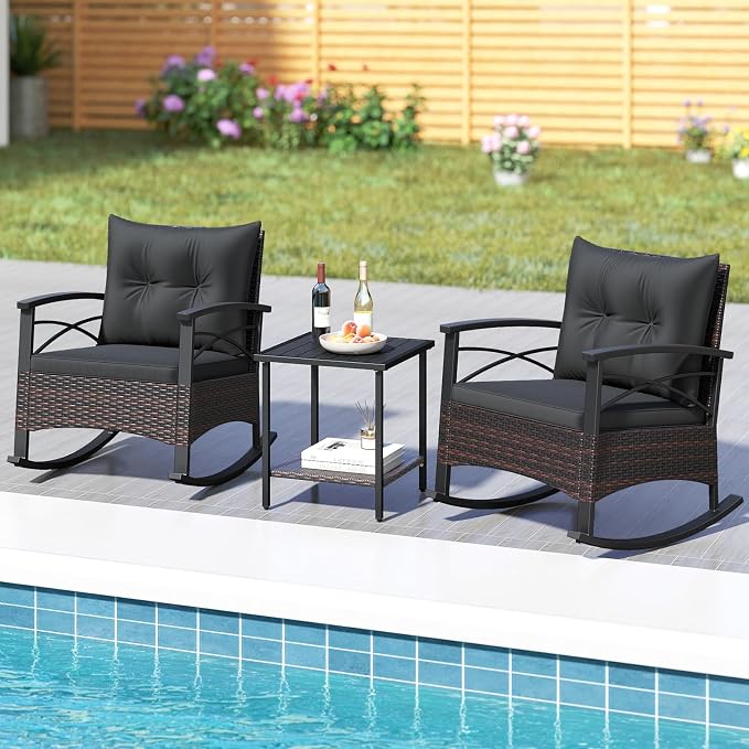 Tangkula 3 Piece Rattan Rocking Chair Set, Patio Rocker Bistro Set with Acacia Wood Tabletop & Armrests, 2 Outdoor Cushioned Armchairs w/Double-Tier Side Table for Porch, Balcony, Backyard - Image 9