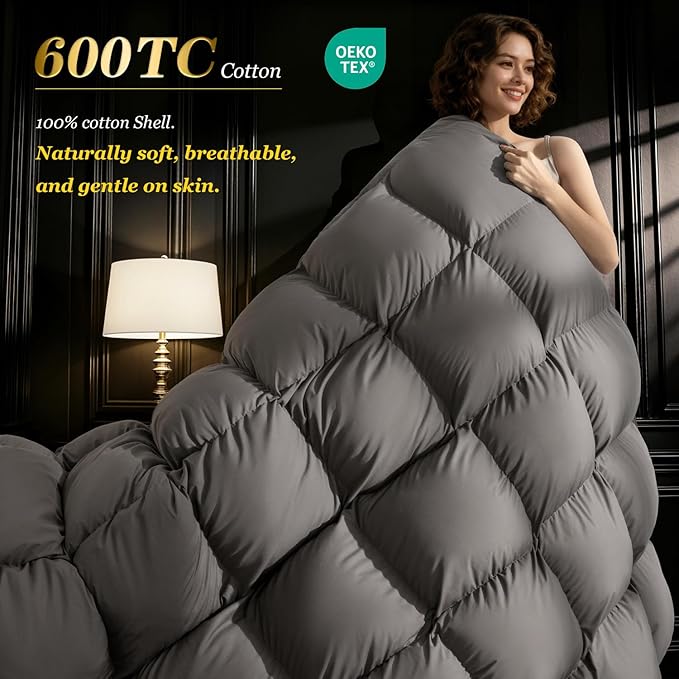 75% Canadian Goose Down Comforter Oversized King Size, Ultra Soft 100% Cotton Fabric, 850 Fill Power All Season Duvet Insert, Hotel Luxury Bedding Comforters (Dark Gray,120"x98")