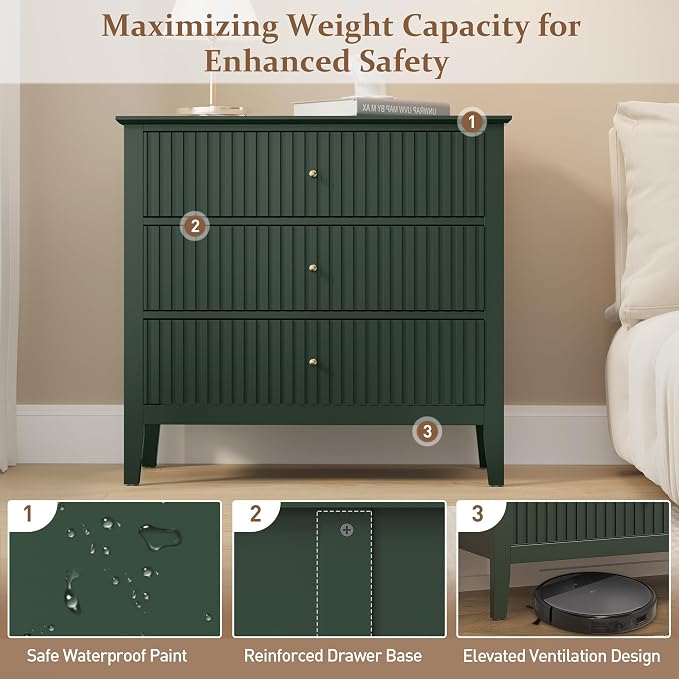 RoyalCraft Fluted 3 Drawer Dresser, 32 inch Wide Dresser Nightstand for Bedroom, Modern Wood Chest of Drawers, Large Painted Nightstand with 3 Drawers for Closet, Hallway, Entryway, Dark Green - Image 7