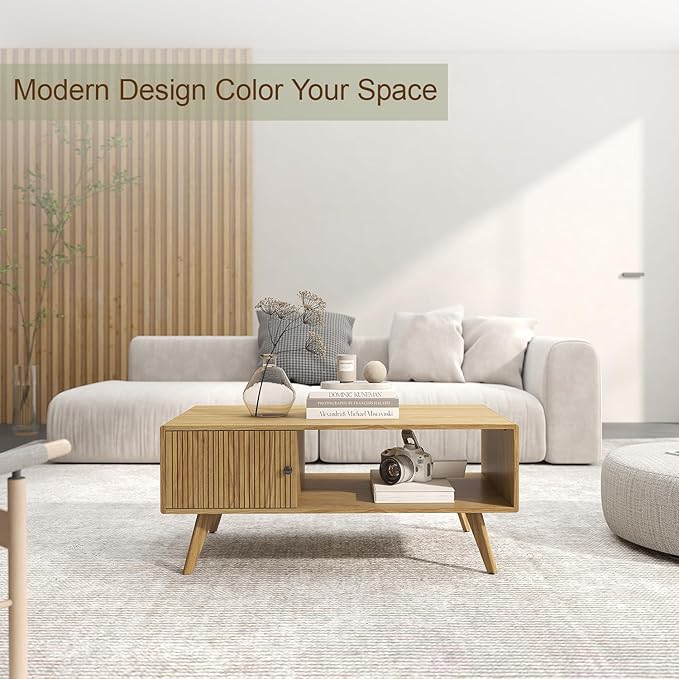 Manora Mid Century Modern Coffee Table with Storage Cabinet and Open Shelf, Wooden Living Room Table with Fluted Drawer and Solid Wood Legs, Oak Finish Center Table for Small Spaces