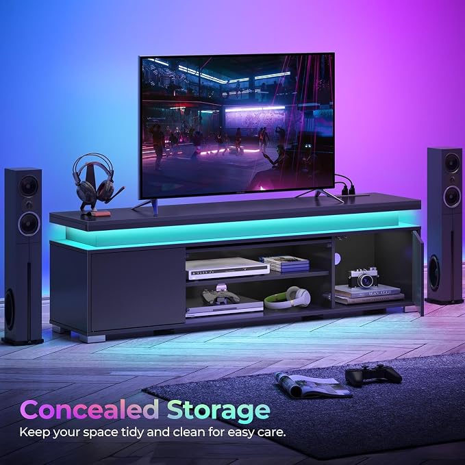 Rolanstar TV Stand with Power Outlet & LED Lights, Modern Entertainment Center for 32/43/50/55/65 Inchs TVs, TV Table, Universal Gaming LED TV Media Stand with Large Storage Cabinet, Black - Image 4