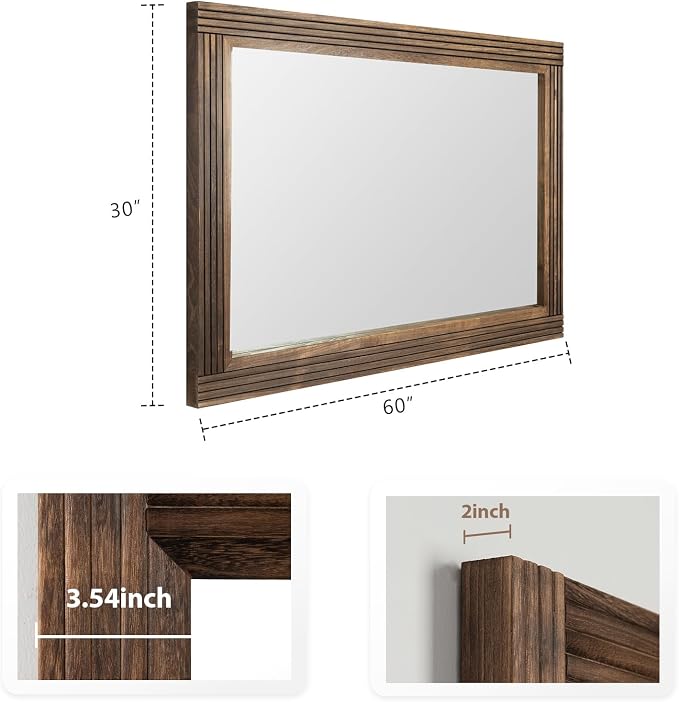 YOSHOOT Hand-Made Wooden Spliced Wall Mirror for Bathroom, Rustic Farmhouse Vanity Mirror, Décor Wall Art, Solid Wood Frame, Vertical or Horizontal Hanging, 60" x 30", Brown - Image 4