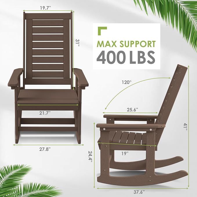 GREENVINES Outdoor Rocking Chairs | Porch Rocker | HDPE Plastic | Wood Grain | Oversized Rockers | High Back | Big & Tall | Ladder Back | Dark Brown | for Patio Outside - Image 3