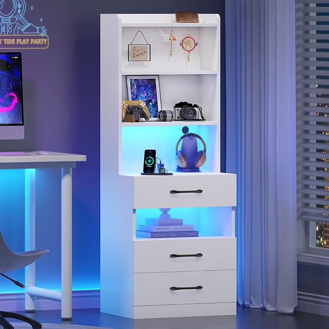 VIAGDO Tall Nightstand Set of 2 with Charging Station and LED Lights, White Night Stand Set 2 with Bookshelf, Modern LED Bedside Tables with 3 Drawers and Storage Shelves, Side Tables for Bedrooms - Image 8