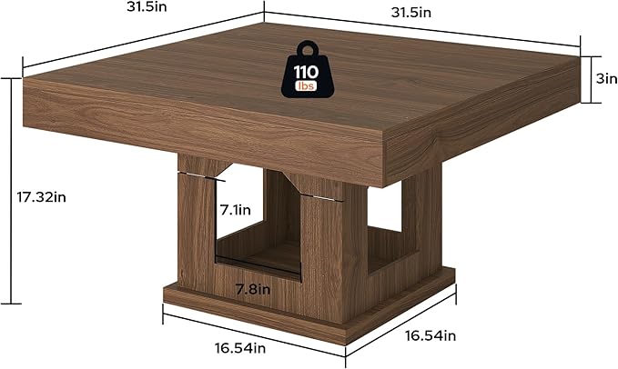 Square Coffee Table, Wood Coffee Table with Storage, Farmhouse Cat House Low Center Tables Cocktail Table for Living Room, Rustic Brown