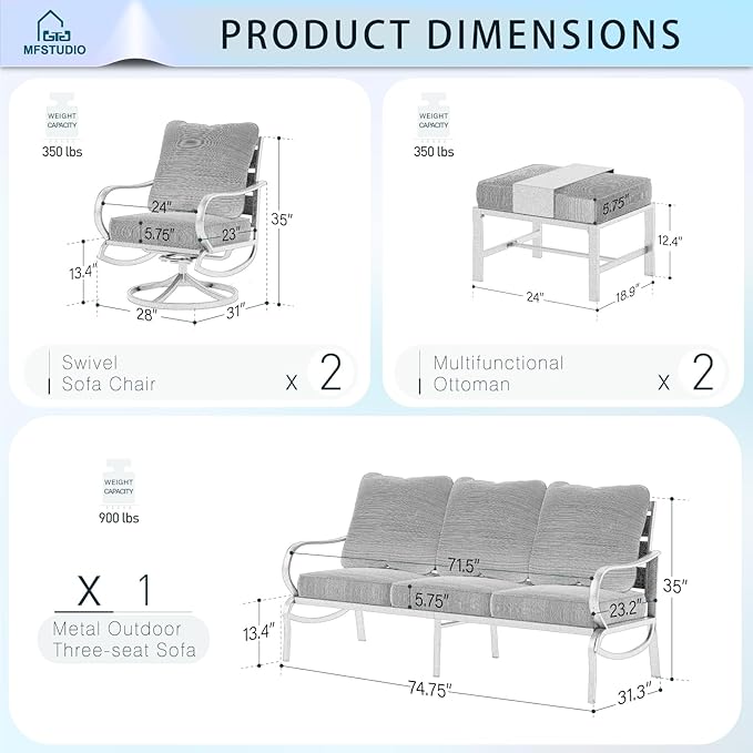 MFSTUDIO 5 Pieces Patio Conversation Sets,Outdoor Metal Furniture Sofas with 1 x 3-Seat Sofa, 2 x Swivel Chairs,2 x Ottoman,Wrought Iron Frame with Navy Cushion for Patio Courtyard Balcony