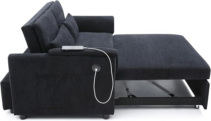 Convertible Loveseat Pull Out Sleeper Sofabed Futon Loveseat Lounge Couch for Living Room 3 in 1 Multi-Functional Pullout Sofa Bed with Reclining Backrest , USB Ports and Side Pockets for Home Office
