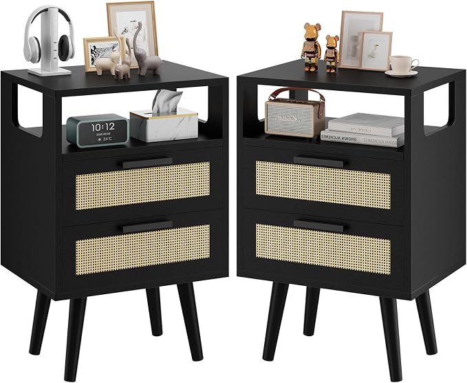 YMYNY Rattan Nightstand Set of 2, Boho Side Table with 2 Drawers, Open Shelf Unit with Arched Design, Solid Wood Legs, Storage Cabinet for Bedroom, Black UHST015B-2 by High-qualityhomefurnishing