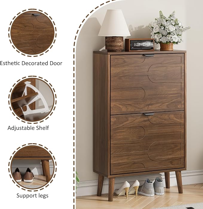 Shoe Cabinet Storage for Entryway with 2 Flip Drawers, Narrow Shoe Cabinet for Entryway, Hidden Slim Shoe Organizer Rack Cabinet (Brown, 23.6" W) - Image 4