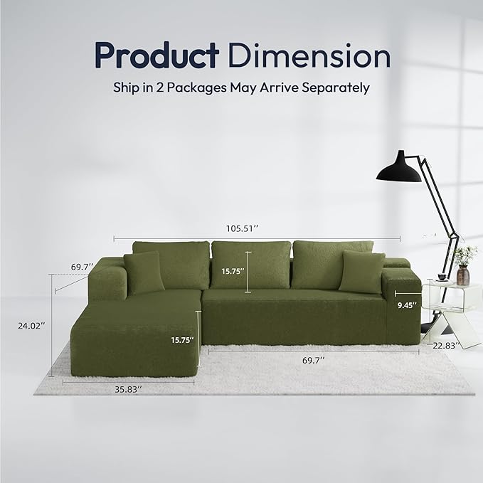 Cloud Sectional Couch, 105" Modular Sectional Sofa with Right Chaise Lounge, Modern Modular L-Shape Sofa with Pillows & Deep Seat, Wool Fabric Boneless Couches for Living Room Bedroom, Green