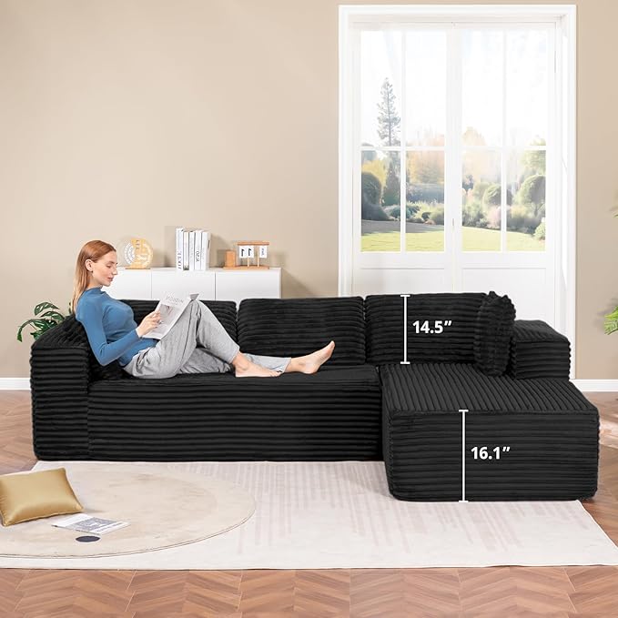 LUCKLIFE Modular Sectional Couch with L-Shape Chaise,Corduroy Upholstery Boneless Couches for Living Room,Oversized Sleeper Sofa,No Assembly Required (Black, L Shape with Right Facing Chaise)