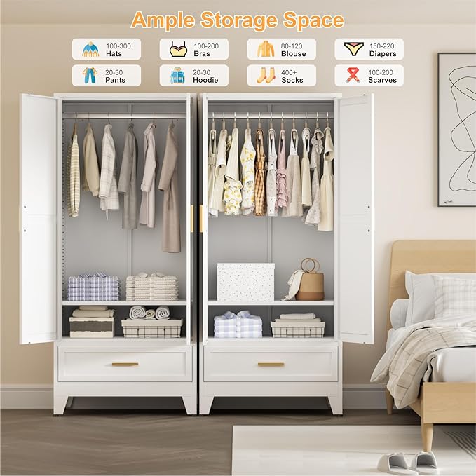 COFaR 71 Farmhouse Metal Wardrobe Closet with Hanging Rod, 2 Barn Doors, Adjustable Shelves, Steel Armoire with Drawer for Home, Bedroom White