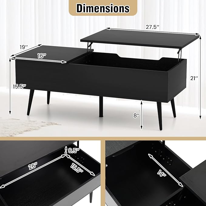 Tangkula Lift Top Coffee Table, Mid Century Modern Center Table with Split Top & 2 Hidden Compartments, Rectangle Accent Table with Tapered Metal Legs for Living Room (Black)