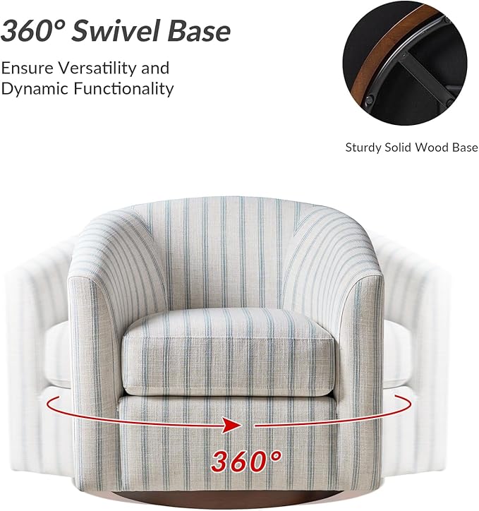 HULALA HOME Modern Swivel Accent Chairs Set of 2 with Solid Wood Base, Round Swivel Barrel Chairs with Striped Pattern, No Assembly Required, Blue