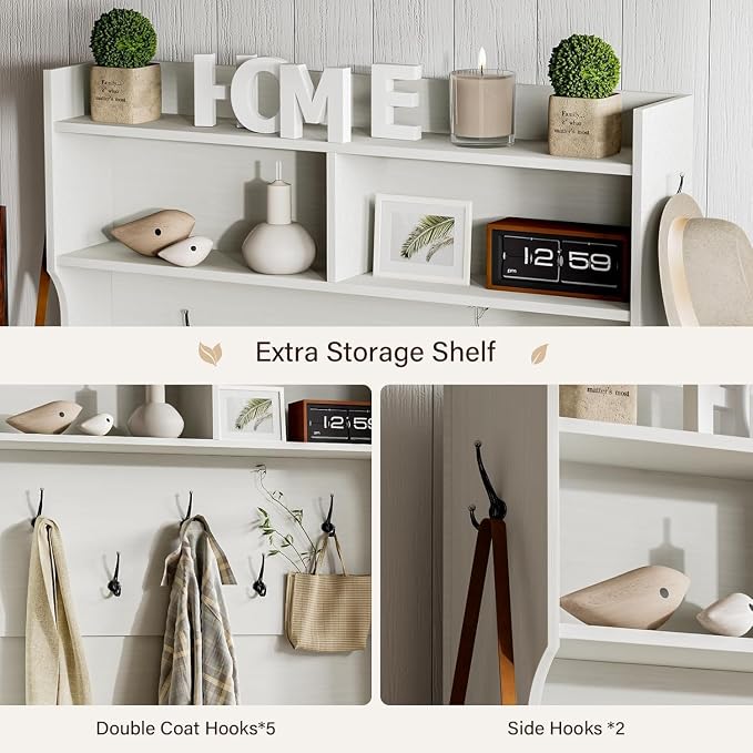 4ever2buy Farmhouse Hall Tree with Bench 5-in-1 Entryway Bench with Coat Rack with Sliding Barn Doors Entryway Coat Rack with Shoe Storage White - Image 6