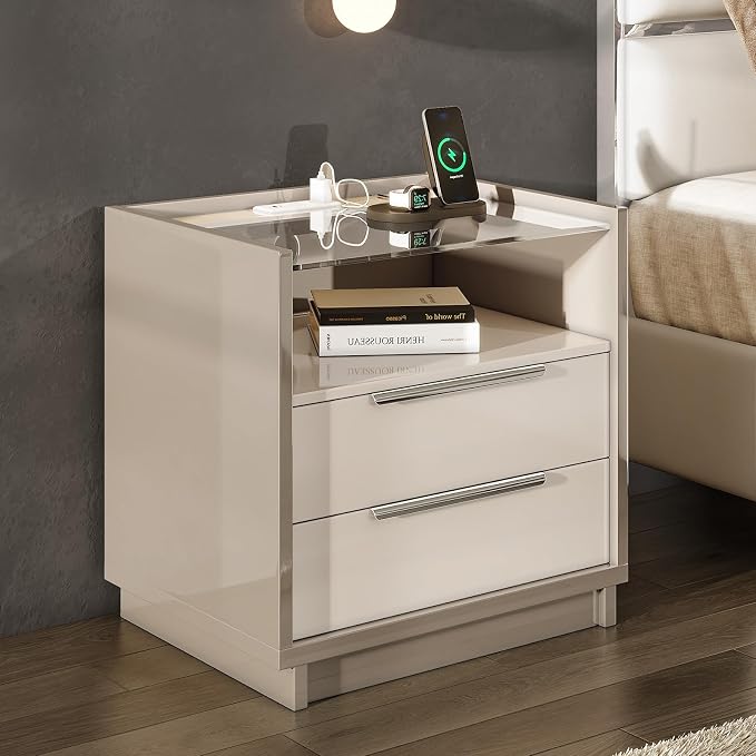 AMERLIFE 23.6" Nightstand, High Gloss End Table with Glass Tabletop, Modern Bedside Table with Charging Station, 2 Drawers Nightstand for Bedroom, Cream & Gray by AMERLIFE