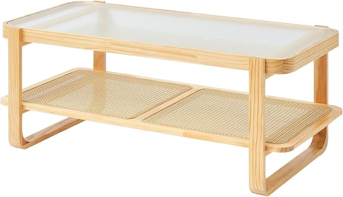 VEVOR Rattan Coffee Table, Rectangle Rattan Woven Wood Coffee Table with Tempered Glass Top, 45-Inch Modern Boho Storage Coffee Table with Natural Wood Legs, for Living Room, Bedroom & Small Spaces