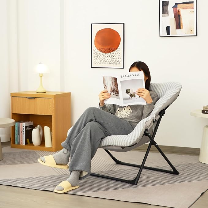 Comfy Saucer Chair for Adults, Soft Faux Fur Bedroom Chair, Accent Dorm Chairs, Flexible Living Room Reading Chairs, Oversized Folding Seat for Teens, X-Large, Stripe Grey