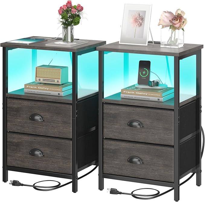 sthmec Nightstand with Charging Station, LED Night Stand Set of 2, Bedside Table End Table with Drawer, Bedroom Tables with 2 Fabric Drawers, 3-Tier Storage Side Table for Bedroom, Black Oak by Unknown