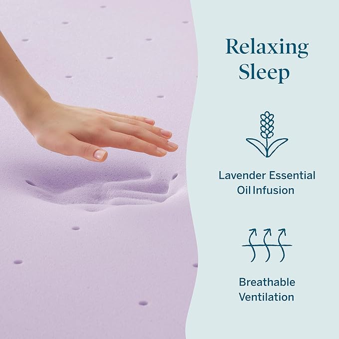 Lucid 3 Inch Lavender Memory Foam Mattress Topper, Queen Size – Essential Oil Infusion – Deep Plush Feel, Pressure-Relieving Bed Topper – Ventilated and Breathable – CertiPur Certified