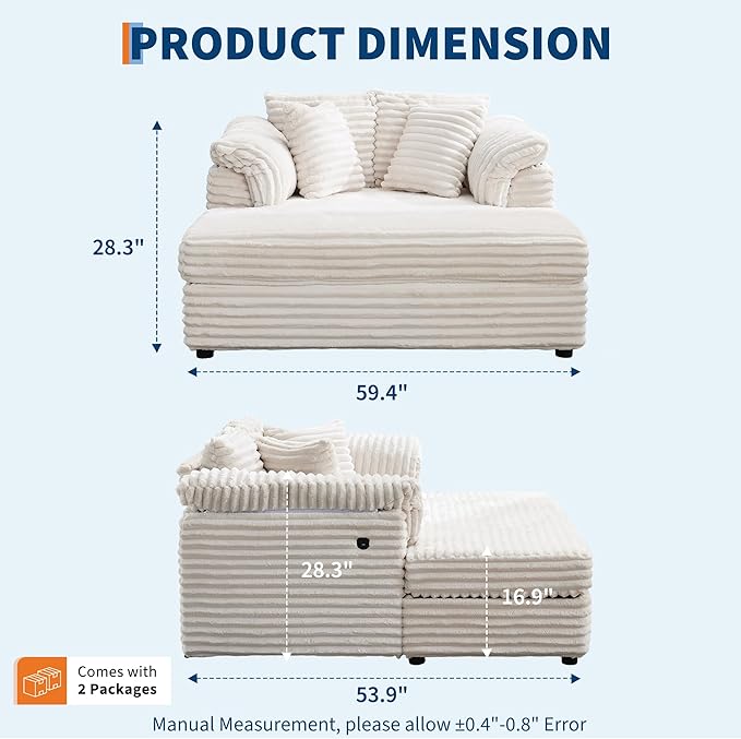 Oversized Chaise Lounge Chair 59 * 54 Inch Indoor Comfy Corduroy Cloud Sleeper Couch Upholstered Sofa Bed with USB Port Throw Pillows Supportive Armrests for Living Room