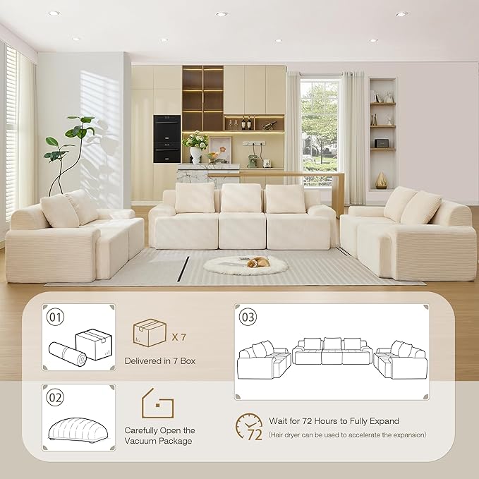Modular Sectional Sofa, Boneless Couches for Living Room, Corduroy Couch, Big Comfy Couch, Modular Cloud Sofa with Deep Seat (White, 7 Pieces-Rowshape 3 Side)